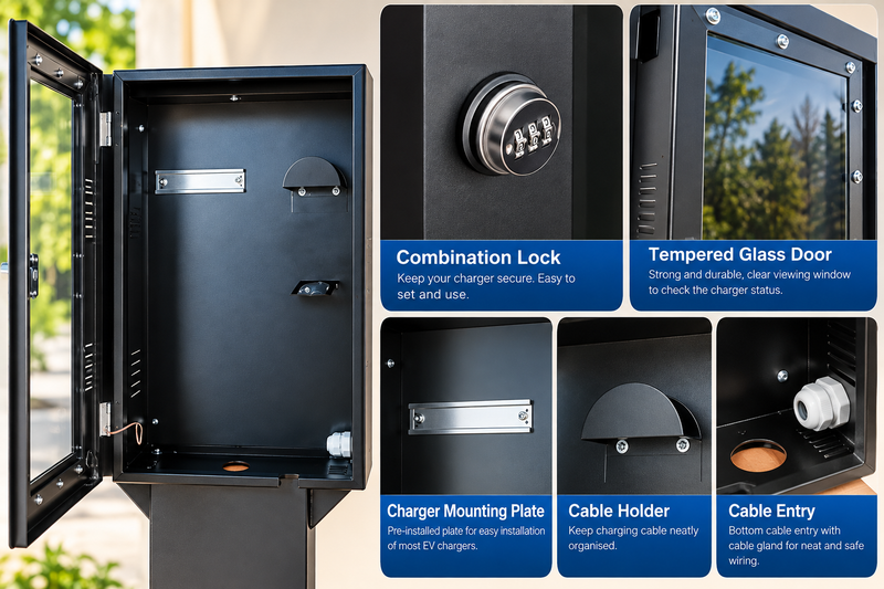 Cargue la imagen en el visor de la galería, Outdoor EV Charger Protection Box with 1.5M Freestanding Stand – Lockable Metal Enclosure with Tinted Window, Black/White