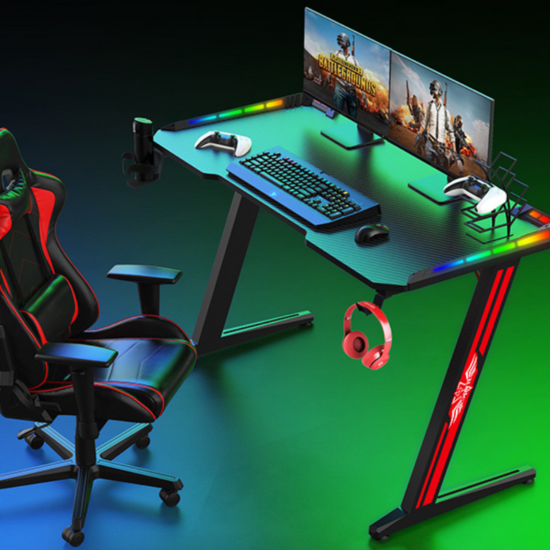 Load image into Gallery viewer, Large Gaming Desk with RBG LED Lights Carbon Fiber Surface with Cup Holder &amp; Headphone Hook - Polar Tech Australia
