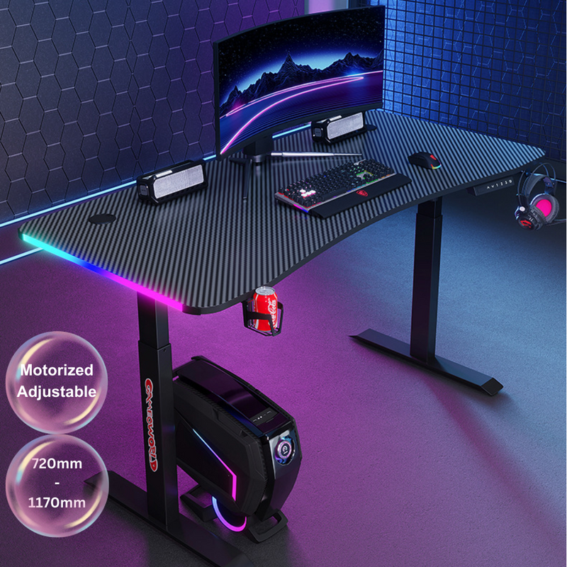 Load image into Gallery viewer, [Motorized Adjustable] Large Gaming Desk Table with RBG LED Lights Carbon Fiber Surface with Cup Holder &amp; Headphone Hook - Polar Tech Australia
