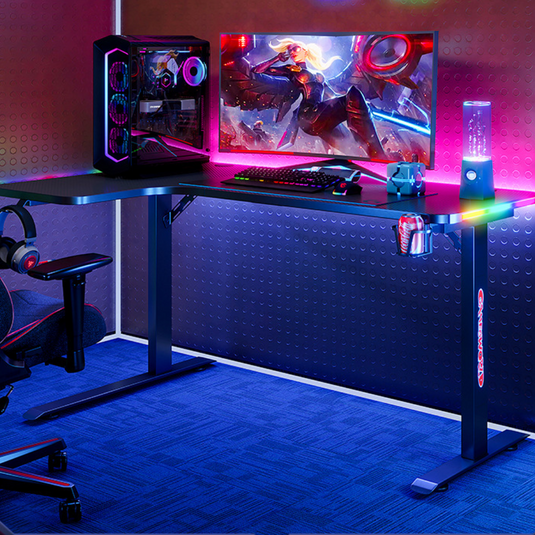 Large Left Corner Gaming Desk with RBG LED Lights Carbon Fiber Surface with Cup Holder & Headphone Hook - Polar Tech Australia