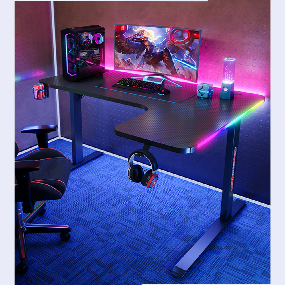 Large Right Corner Gaming Desk with RBG LED Lights Carbon Fiber Surface