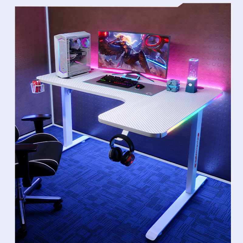Load image into Gallery viewer, Large Right Corner Gaming Desk with RBG LED Lights Carbon Fiber Surface with Cup Holder &amp; Headphone Hook - Polar Tech Australia
