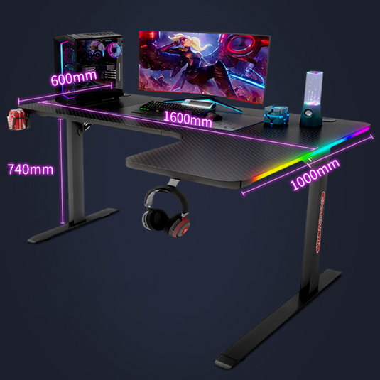 Large Right Corner Gaming Desk with RBG LED Lights Carbon Fiber Surface with Cup Holder & Headphone Hook - Polar Tech Australia