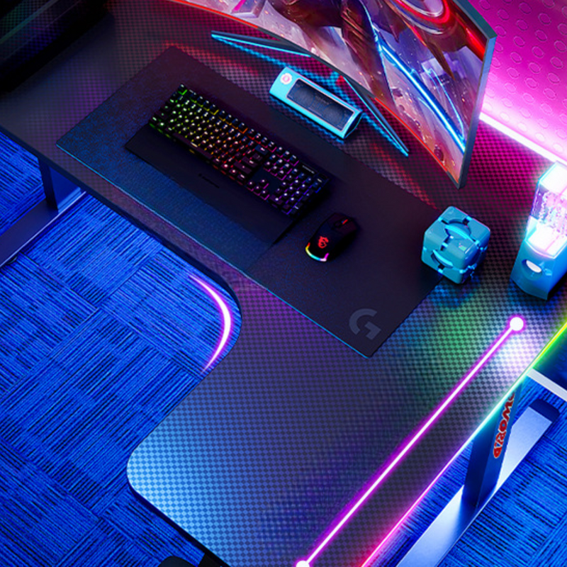 Load image into Gallery viewer, Large Right Corner Gaming Desk with RBG LED Lights Carbon Fiber Surface with Cup Holder & Headphone Hook - Polar Tech Australia