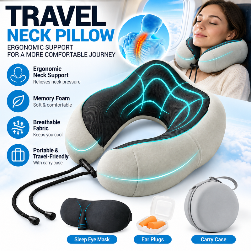 Cargue la imagen en el visor de la galería, Ergonomic Memory Foam Travel Neck Pillow with Eye Mask, Earplugs & Carry Case – Adjustable Neck Support for Airplane, Car & Travel - Polar Tech Australia