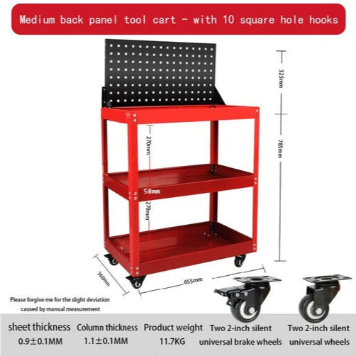Chargez l'image dans la visionneuse de la galerie, Heavy Duty 3 Tiers Metal Tool Trolley Cart With Pegboard Hooks Workshop Tool Storage Push Trolleys - Polar Tech Australia