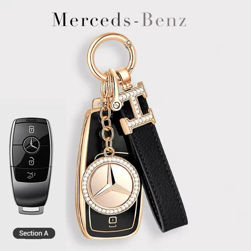 Cargue la imagen en el visor de la galería, Mercedes Benz Fashionable TPU + Aluminum alloy + Leather Car Key Fob Case Cover For Benz C, E, S, G-Class, GLE, GLC, CLA, CLS, EQC, ML, GL, EQS