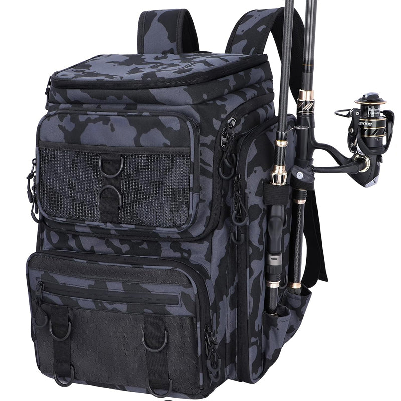 Cargue la imagen en el visor de la galería, Fishing Backpack with Rod Holder, Tackle Organizer Box & Hiking Storage