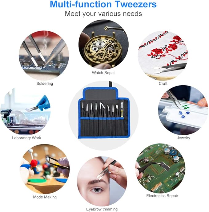 Chargez l'image dans la visionneuse de la galerie, 10-Piece Precision Tweezers Set – ESD Anti-Static Stainless Steel Kit with Storage Pouch - Polar Tech Australia