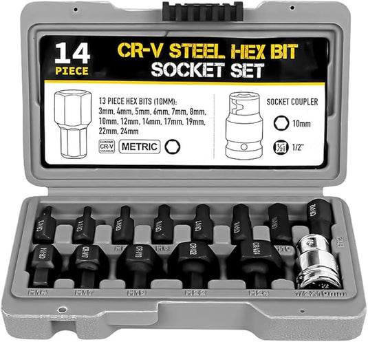 Hi-Spec 14 in 1 Multiple Size CR-V Steel Hex Bit Socket With Storage Case - Polar Tech Australia