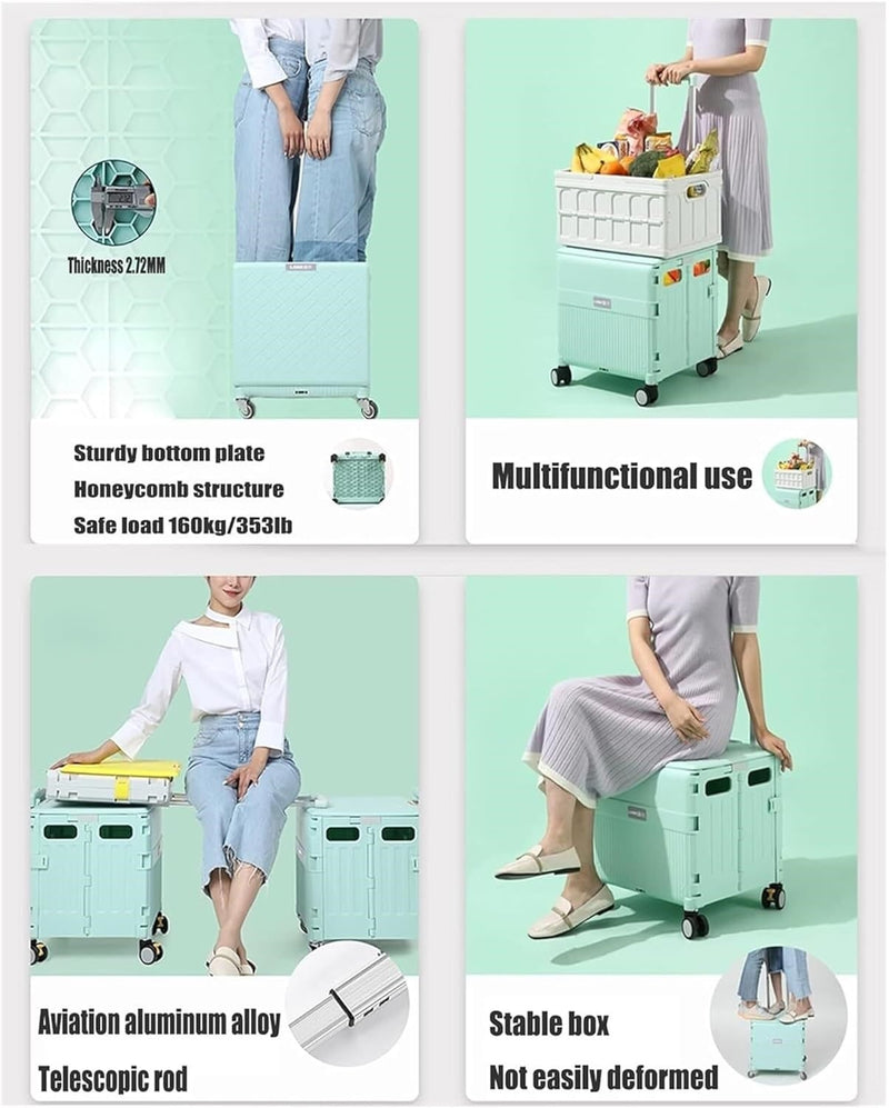 Cargue la imagen en el visor de la galería, Foldable Utility Cart with Lid Storage Box and Universal Wheels for Grocery, Travel, and Outdoor Use