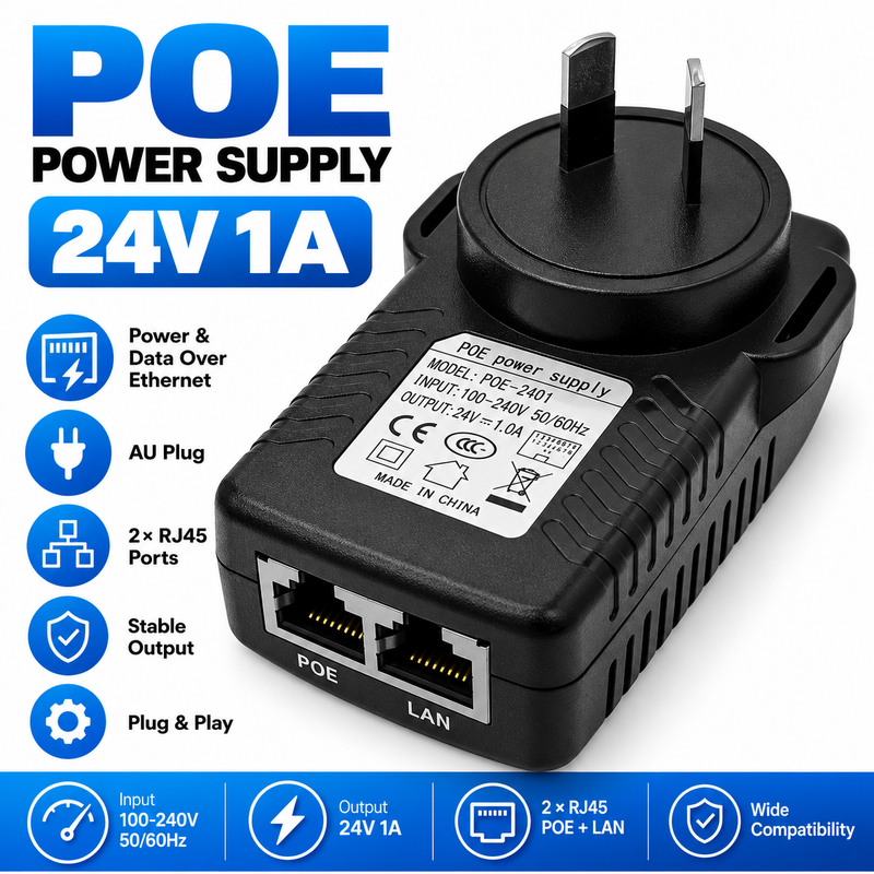 Cargue la imagen en el visor de la galería, 24V 1A PoE Injector Power Adapter 24W Ethernet Power Supply for IP Camera Wireless AP & Network Bridge - Polar Tech Australia