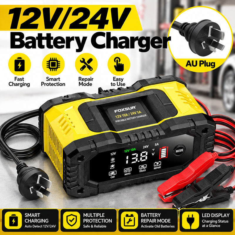 Cargue la imagen en el visor de la galería, FOXSUR 12V 10A / 24V 5A Smart Automatic Battery Charger with Repair Mode, LCD Display & AU Plug - Polar Tech Australia