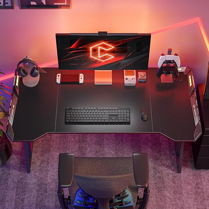 Load image into Gallery viewer, Large Gaming Desk with RBG LED Lights Carbon Fiber Surface with Cup Holder & Headphone Hook - Polar Tech Australia