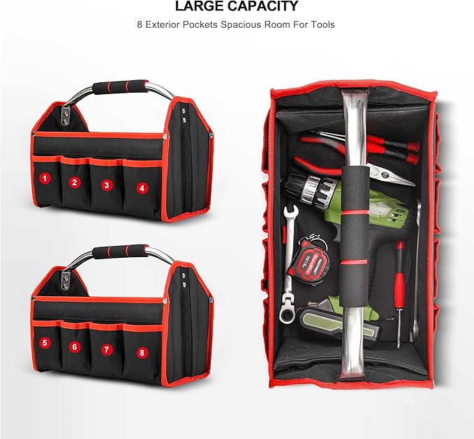 Cargue la imagen en el visor de la galería, 16 Inch Large Capacity 8 Pockets Wide Mouth Electrician Open Top Tool Tote Bag Tool Storage Bag with Handle - Polar Tech Australia
