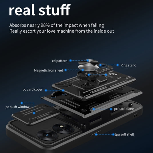 OPPO Reno8 T 4G (CPH2481) - Slide Lens Armor Case with Card Slot and Ring Stand - Polar Tech Australia