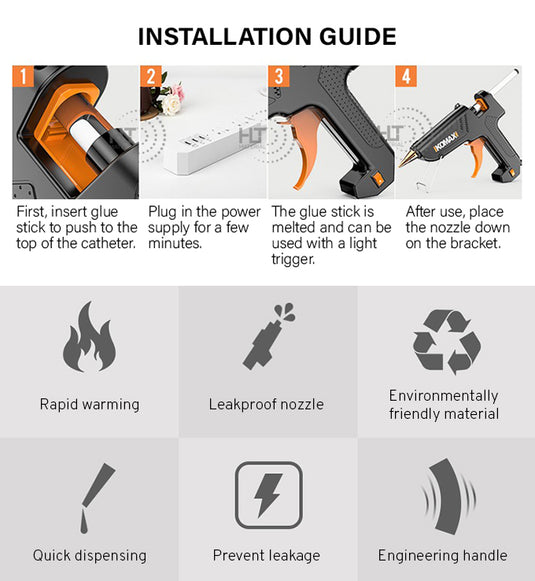 Komax 5 Adjustable Temperature 60W-180W Portable Large DIY Glue Gun + 30 x 11mm Glue Stickers - Polar Tech Australia