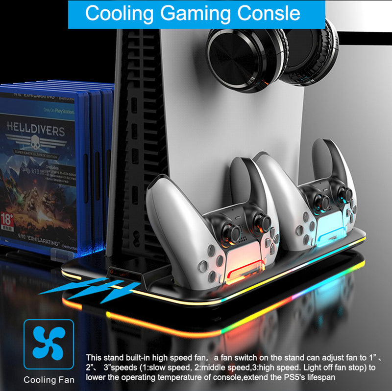 Load image into Gallery viewer, SONY PlayStation 5 / PS5 All-in-one Multifunction Charging Stand with Cooling Fan & RBG Light Effect & Disc Storage - Polar Tech Australia