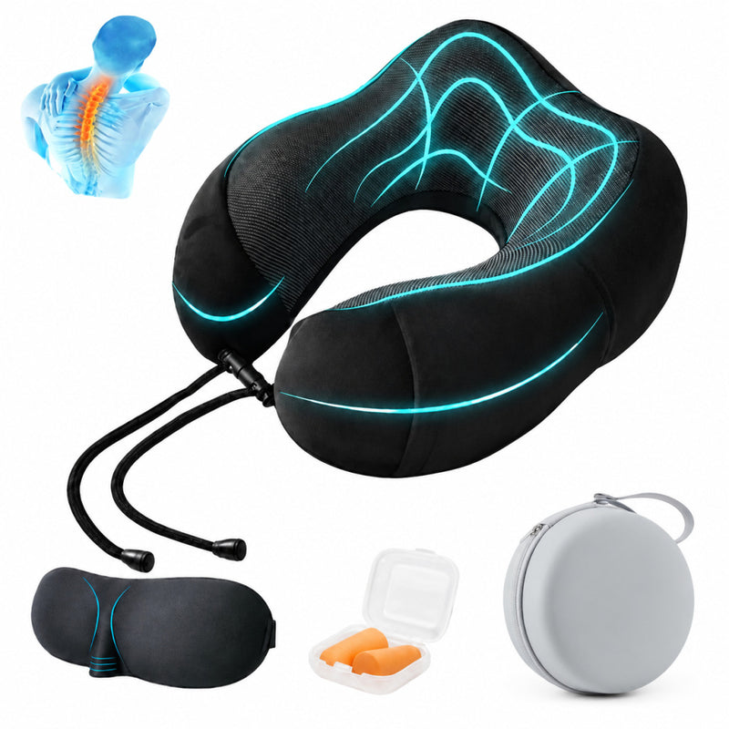 Cargue la imagen en el visor de la galería, Ergonomic Memory Foam Travel Neck Pillow with Eye Mask, Earplugs & Carry Case – Adjustable Neck Support for Airplane, Car & Travel - Polar Tech Australia
