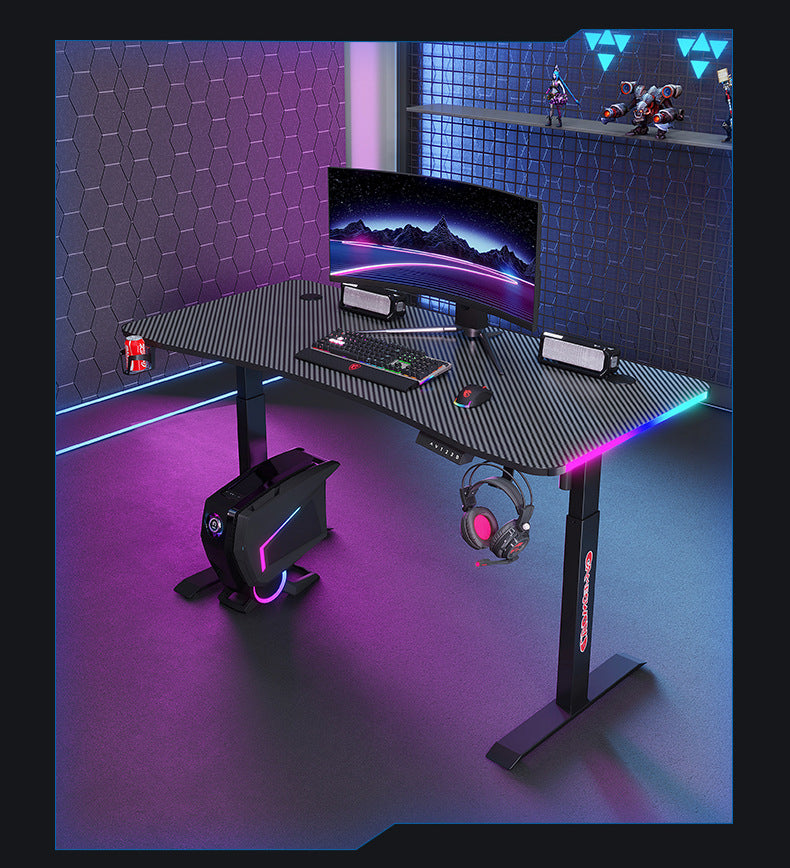 Load image into Gallery viewer, [Motorized Adjustable] Large Gaming Desk Table with RBG LED Lights Carbon Fiber Surface with Cup Holder &amp; Headphone Hook - Polar Tech Australia
