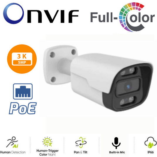 TUYA & Onvif 5MP Bullet PoE 2.8mm FHD Outdoor Security Full Color Night Vision Camera - Polar Tech Australia