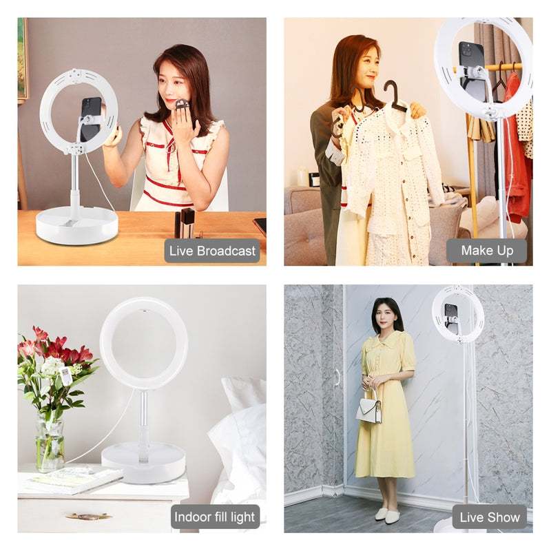 Chargez l'image dans la visionneuse de la galerie, 10.2" (26cm) USB LED Ring Light – 3 Lighting Modes, Dimmable Dual-Colour Temperature with Folding Desktop Stand & Phone Holder - Polar Tech Australia