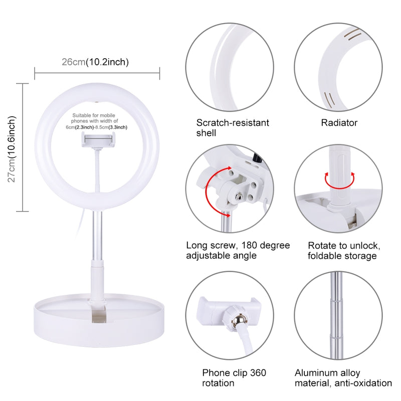 Chargez l'image dans la visionneuse de la galerie, 10.2" (26cm) USB LED Ring Light – 3 Lighting Modes, Dimmable Dual-Colour Temperature with Folding Desktop Stand & Phone Holder - Polar Tech Australia