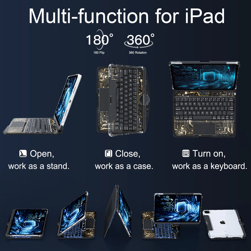 Cargue la imagen en el visor de la galería, Apple iPad Pro 3/4/5/6 12.9" & Air 6 13” -180 Degree Rotation Magic Cyberpunk Style Transparent Keyboard Case - Polar Tech Australia