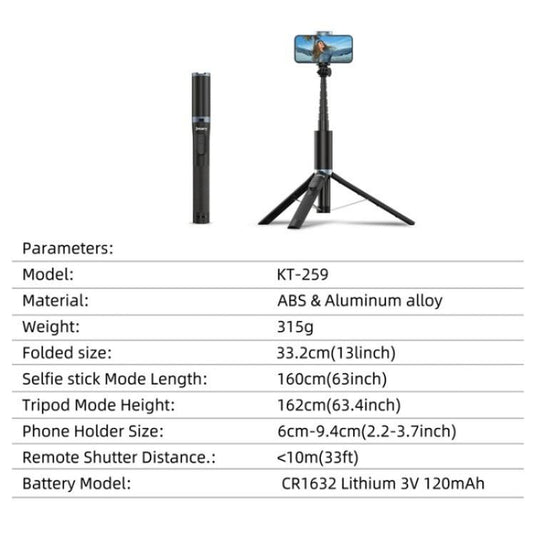 JMARY KT-259 360 Degree Rotating Phone Clip Retractable Selfie Stick Tripod - Polar Tech Australia