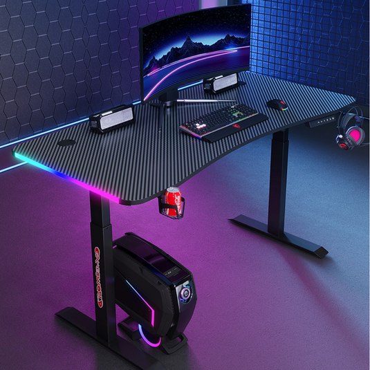 [Motorized Adjustable] Large Gaming Desk Table with RBG LED Lights Carbon Fiber Surface with Cup Holder & Headphone Hook - Polar Tech Australia