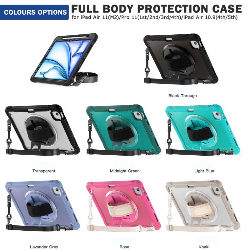 Cargue la imagen en el visor de la galería, Apple iPad Air 2024 6/6th 11'' & Pro 1/2/3/4 11'' & iPad 4/5 Air 10.9'' - 360 Degree Rotate Shockproof Heavy Duty Tough Stand Case Cover With Strap & Pen Holder - Polar Tech Australia
