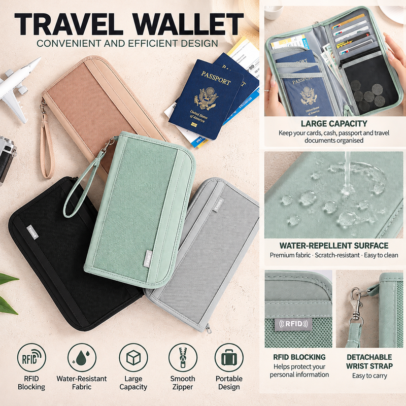 Load image into Gallery viewer, Larger Capacity RFID Blocking Travel Wallet Passport Holder – Water-Resistant Document Organiser with Card Slots & Wrist Strap - Polar Tech Australia