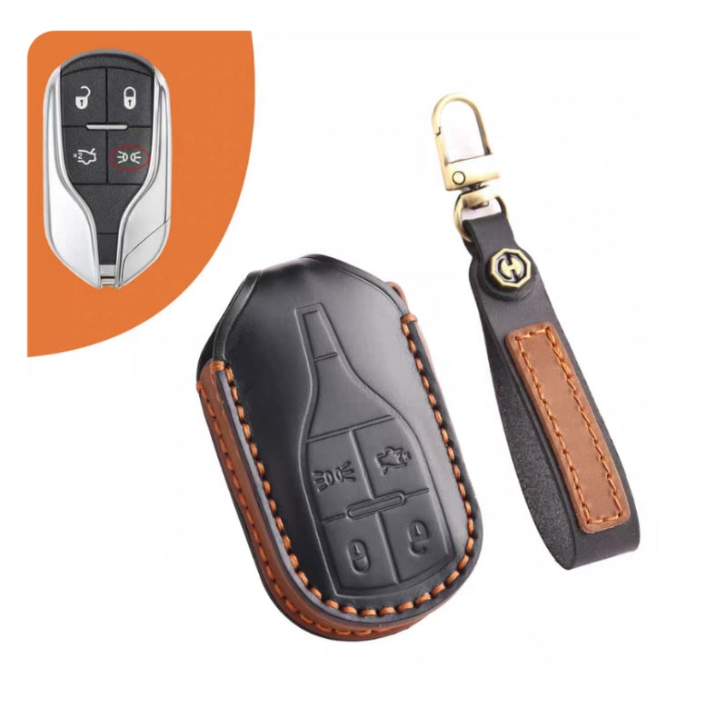 Cargue la imagen en el visor de la galería, Luxury Genuine Leather Car Key Fob Case Cover for Maserati Levante, MC20, Ghibli, Quattroporte 2014-2022 – Shockproof, Handcrafted & Gift-Ready - Polar Tech Australia