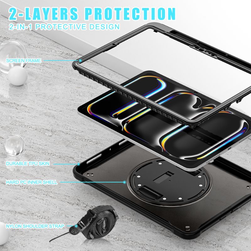 Cargue la imagen en el visor de la galería, Apple iPad Air 2024 6/6th 11'' & Pro 1/2/3/4 11'' & iPad 4/5 Air 10.9'' - 360 Degree Rotate Shockproof Heavy Duty Tough Stand Case Cover With Strap & Pen Holder - Polar Tech Australia