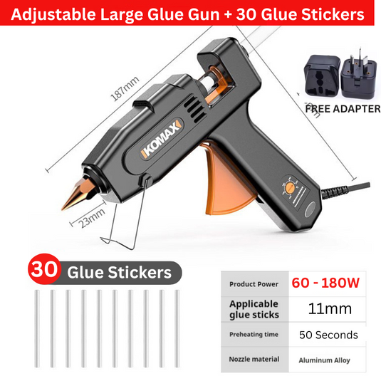 Komax 5 Adjustable Temperature 60W-180W Portable Large DIY Glue Gun + 30 x 11mm Glue Stickers - Polar Tech Australia