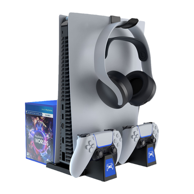 Load image into Gallery viewer, PlayStation PS5 Vertical Charging Dock Game Controller Charging Stand Storage Holder with Headset Hook Game Disc Container - Polar Tech Australia