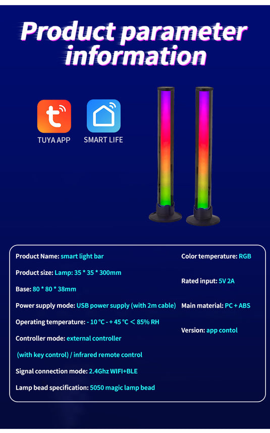 [TUYA Smart Home][2 Pcs] RGB Dimmable LED Music Rhythm Lamp Sound Bar APP Control Atmosphere Light LED Bar - Polar Tech Australia