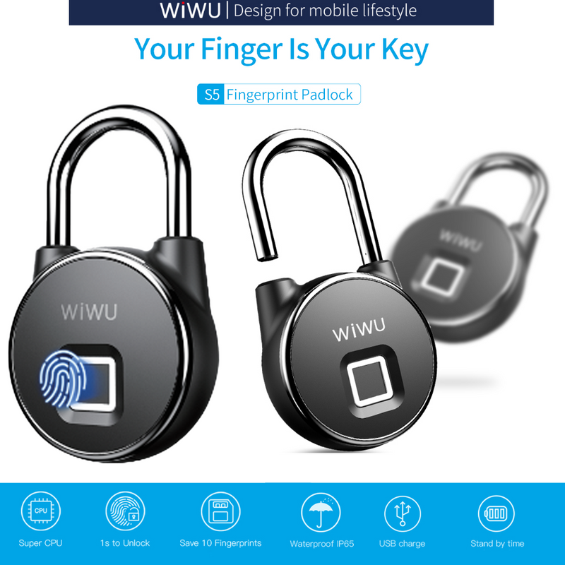 Chargez l'image dans la visionneuse de la galerie, WIWU S5 IP65 Waterproof Smart Rechargeable Fingerprint Padlock For Door Bicycle Bag Cabinets - Polar Tech Australia