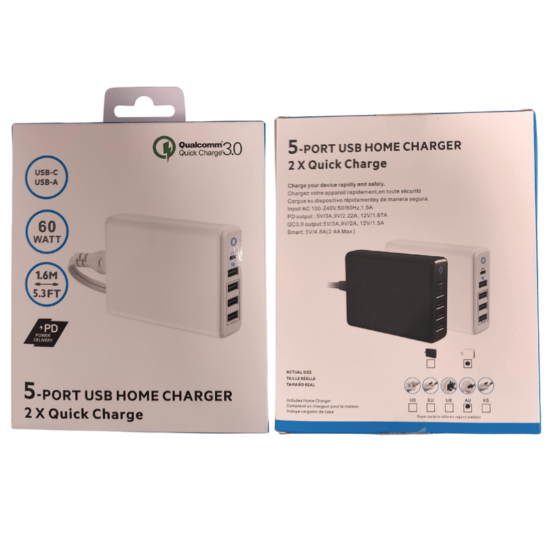 Cargue la imagen en el visor de la galería, Qualcomm QC 3.0 PD 60W 5 Ports Universal Phone & Tablet USB & Type-C Desktop Wall Charger Station Adapter 1.6M Length (AU Plug) - Polar Tech Australia