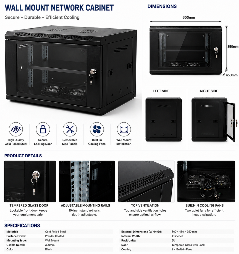 Cargue la imagen en el visor de la galería, [Assembled][Built-in Fan] 4U 6U 9U 12U 15U Heavy Duty Network Server CCTV PoE Switch Wall Mount Cabinet Rack Lockable Enclosure
