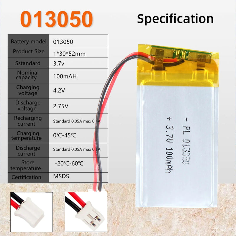 Chargez l&#39;image dans la visionneuse de la galerie, [PH2.0-JST Connector][013050] Universal 100mAh 3.7V Rechargeable Li-Ion Lithium Polymer Battery - Polar Tech Australia
