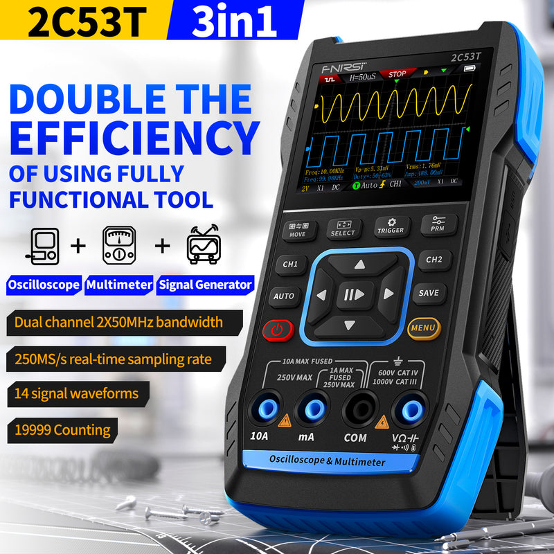 Cargue la imagen en el visor de la galería, [2C53T] FNIRSI 50MHz 250MS/s Handheld 3in1 Oscilloscope Multimeter Signal Generator
