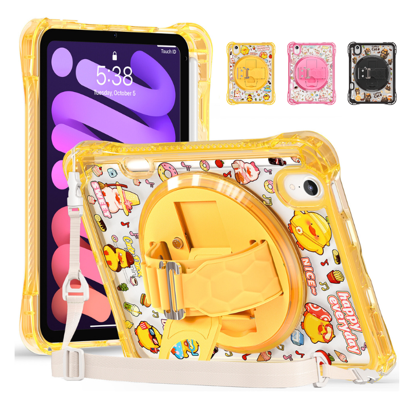 Cargue la imagen en el visor de la galería, [Built-in Pen Slot][With Shoulder Strap] Apple iPad Mini 6/7 8.3&#39;&#39; 6/7th Gen (2021/2024) Cartoon Kids Transparent Anti-Drop Protective Stand Case
