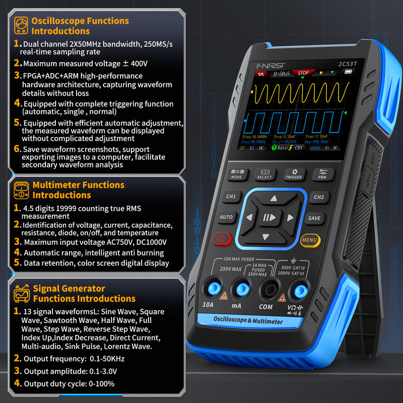 Cargue la imagen en el visor de la galería, [2C53T] FNIRSI 50MHz 250MS/s Handheld 3in1 Oscilloscope Multimeter Signal Generator

