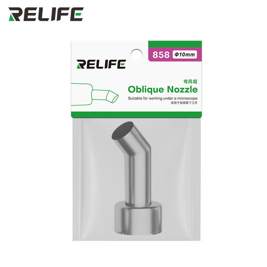 RELIFE 858 Series 45° Curved Hot Air Nozzle – Stainless Steel, Microscope-Compatible, Leak-Proof Design