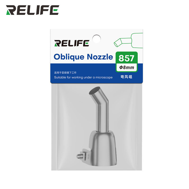 Cargue la imagen en el visor de la galería, RELIFE 857 Series 45° Bent Hot Air Gun Nozzle – Stainless Steel, Microscope-Ready, Leak-Free Design

