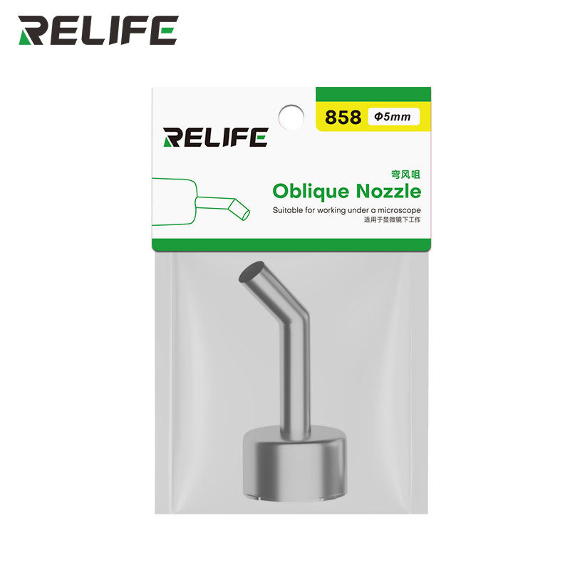 Cargue la imagen en el visor de la galería, RELIFE 858 Series 45° Curved Hot Air Nozzle – Stainless Steel, Microscope-Compatible, Leak-Proof Design

