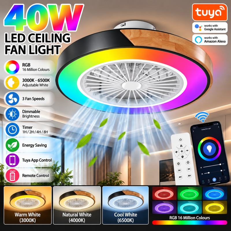 Chargez l'image dans la visionneuse de la galerie, [With Fan] Tuya RGB Dimmable LED 40W Black Ceiling Light WIFI Wireless Control Bedroom Living Room Light
