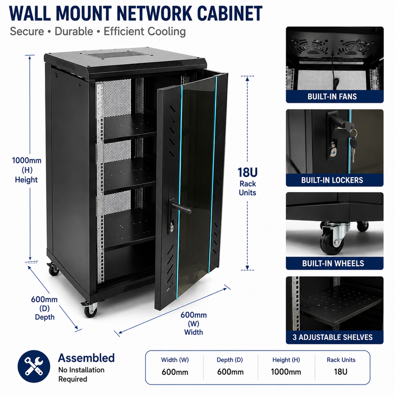 Cargue la imagen en el visor de la galería, [Assembled][Built-in Fan] 18U 22U 27U Heavy Duty Network Server CCTV PoE Switch Free Standing Cabinet Rack Lockable Enclosure
