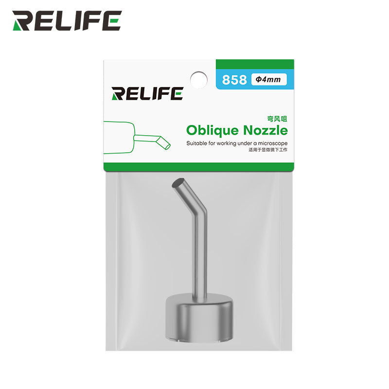 Cargue la imagen en el visor de la galería, RELIFE 858 Series 45° Curved Hot Air Nozzle – Stainless Steel, Microscope-Compatible, Leak-Proof Design
